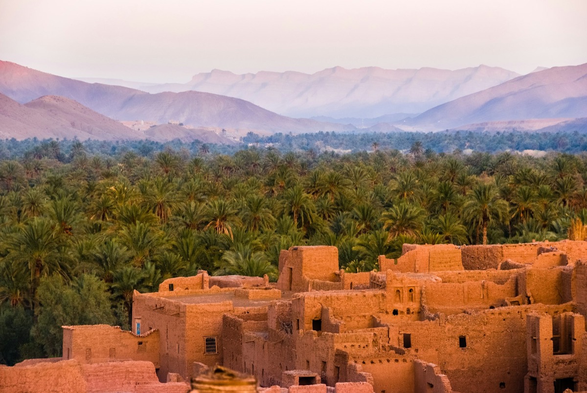 An old clay village at dusk with hazy mountains behind palm trees